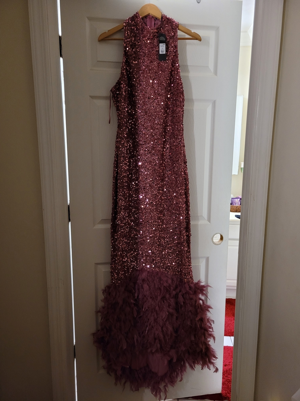 Fashion Nova Rose Pink Sequin Feather Hem Women's Dress